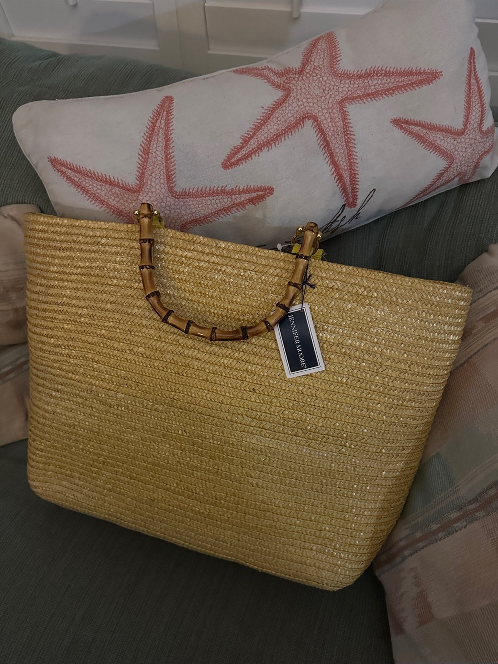 Jennifer Moore Large Pale Yellow Woven Straw Tote with Bamboo Handles NWT